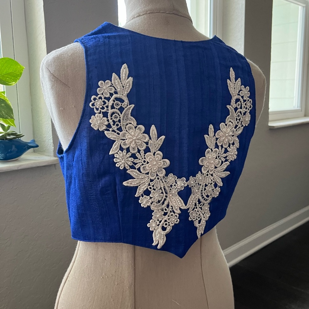 Royal Blue Embroidered Crop Vest with Ivory Lace Appliqué
